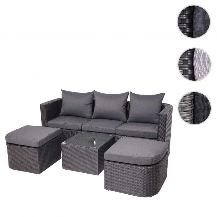 3in1-Garnitur HWC-J37, Garten-/Lounge-Set Sonneninsel, Spun Poly Poly-Rattan MVG ~ anthrazit, Kissen dunkelgrau