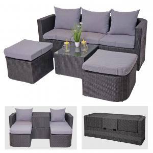 3in1-Garnitur HWC-J37, Garten-/Lounge-Set Sonneninsel, Spun Poly halbrundes Poly-Rattan ~ anthrazit, Kissen hellgrau