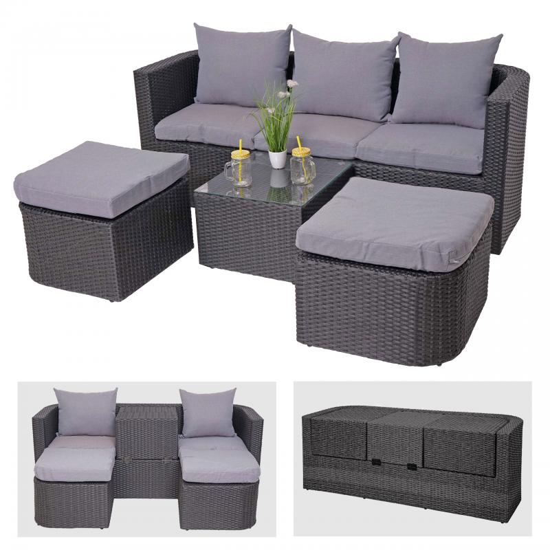 3in1-Garnitur HWC-J37, Garten-/Lounge-Set Sonneninsel, Spun Poly Poly-Rattan MVG ~ anthrazit, Kissen hellgrau