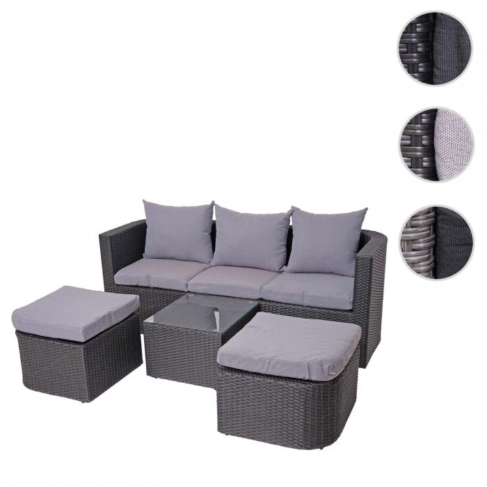 3in1-Garnitur HWC-J37, Garten-/Lounge-Set Sonneninsel, Spun Poly halbrundes Poly-Rattan ~ anthrazit, Kissen hellgrau