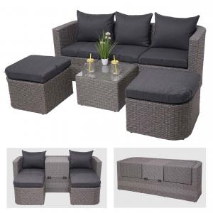 3in1-Garnitur HWC-J37, Garten-/Lounge-Set Sonneninsel, Spun Poly halbrundes Poly-Rattan ~ grau, Kissen anthrazit