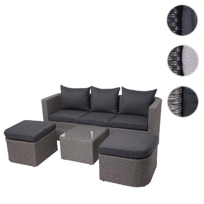 3in1-Garnitur HWC-J37, Garten-/Lounge-Set Sonneninsel, Spun Poly halbrundes Poly-Rattan ~ grau, Kissen anthrazit