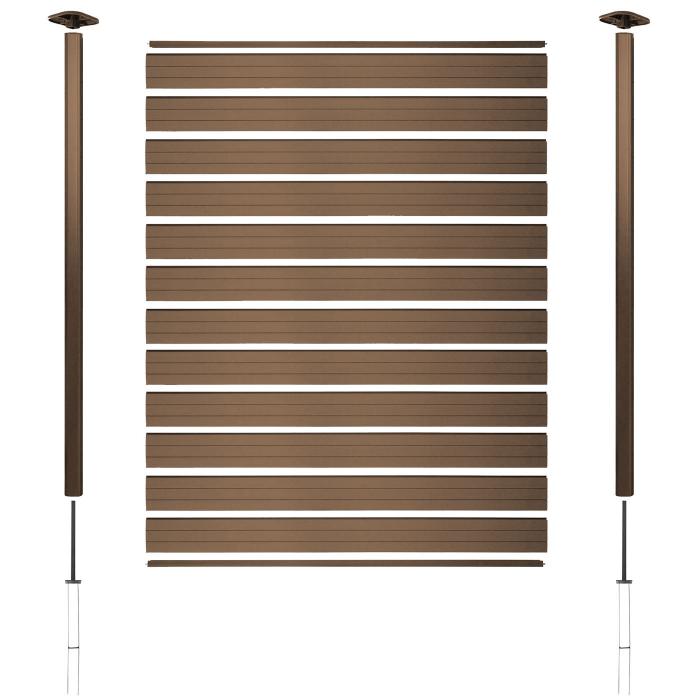 WPC-Sichtschutz Sarthe, Windschutz Zaun, Alu-Pfosten ~ 3er Set, 5,6m teak