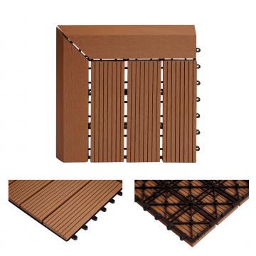 (222,11/m) WPC Eck-Bodenfliese Rhone + Abschluss, Holzoptik Terrasse, 30x30cm Premium ~ Ecke links, teak linear