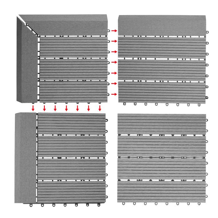 (155,44/m) WPC Eck-Bodenfliese Rhone + Abschluss, Holzoptik Terrasse, 30x30cm Premium ~ Ecke rechts, grau linear