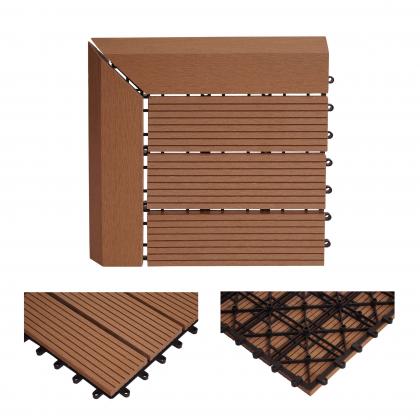 (222,11/m) WPC Eck-Bodenfliese Rhone + Abschluss, Holzoptik Terrasse, 30x30cm Premium ~ Ecke rechts, teak linear