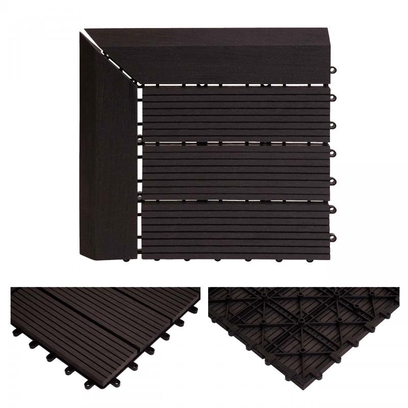(222,11€/m²) WPC Eck-Bodenfliese Rhone + Abschluss, Holzoptik Terrasse, 30x30cm Premium ~ Ecke rechts, anthrazit linear