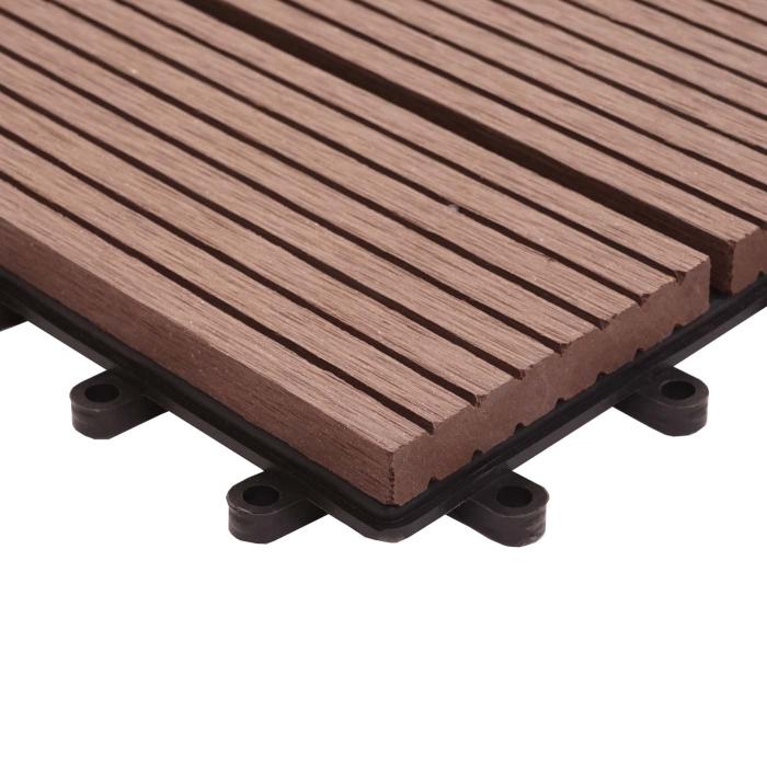 WPC Bodenfliese Rhone + Abschluss, Holzoptik Balkon/Terrasse, 11x je 30x30cm = 1qm Premium ~ coffee linear senkrecht