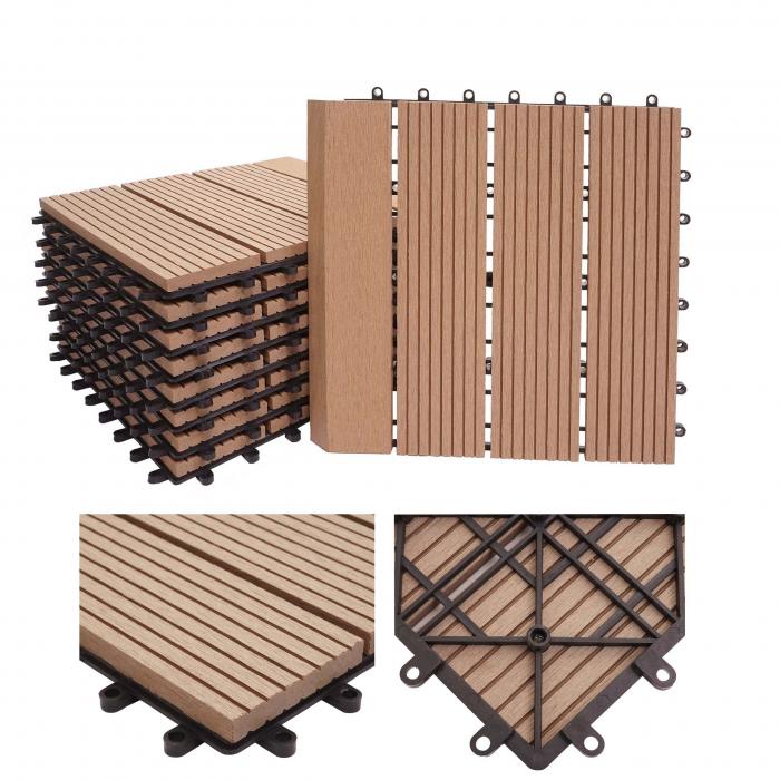 WPC Bodenfliese Rhone + Abschluss, Holzoptik Balkon/Terrasse, 11x je 30x30cm = 1qm Premium ~ teak linear senkrecht