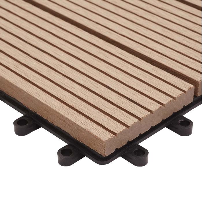 WPC Bodenfliese Rhone + Abschluss, Holzoptik Balkon/Terrasse, 11x je 30x30cm = 1qm Premium ~ teak linear senkrecht