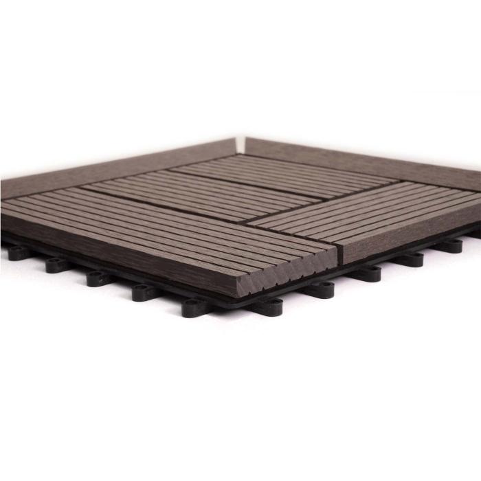 (222,11/m) WPC Eck-Bodenfliese Rhone + Abschluss, Holzoptik Terrasse, 30x30cm Premium ~ Ecke, grau versetzt