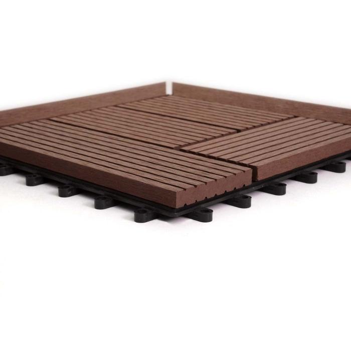 (222,11/m) WPC Eck-Bodenfliese Rhone + Abschluss, Holzoptik Terrasse, 30x30cm Premium ~ Ecke, coffee versetzt