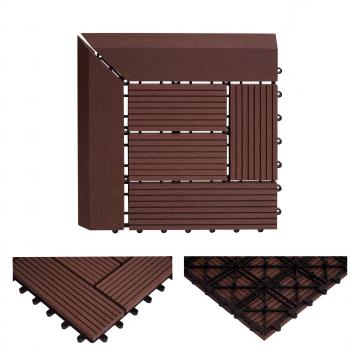(222,11/m) WPC Eck-Bodenfliese Rhone + Abschluss, Holzoptik Terrasse, 30x30cm Premium ~ Ecke, coffee versetzt