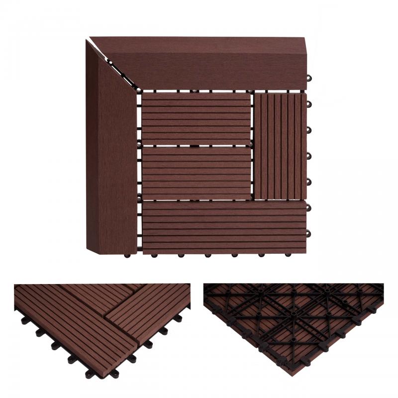 (222,11/m) WPC Eck-Bodenfliese Rhone + Abschluss, Holzoptik Terrasse, 30x30cm Premium ~ Ecke, coffee versetzt