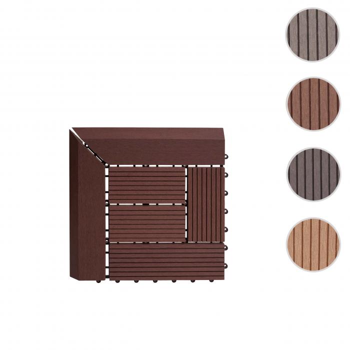 (222,11/m) WPC Eck-Bodenfliese Rhone + Abschluss, Holzoptik Terrasse, 30x30cm Premium ~ Ecke, coffee versetzt