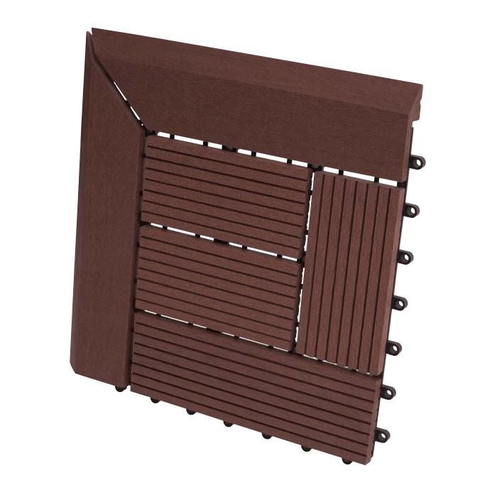 (222,11/m) WPC Eck-Bodenfliese Rhone + Abschluss, Holzoptik Terrasse, 30x30cm Premium ~ Ecke, coffee versetzt