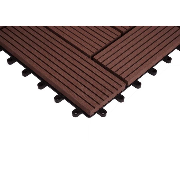 (222,11/m) WPC Eck-Bodenfliese Rhone + Abschluss, Holzoptik Terrasse, 30x30cm Premium ~ Ecke, coffee versetzt