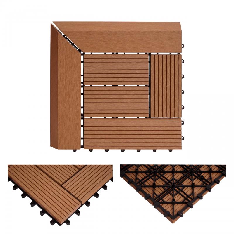 (222,11€/m²) WPC Eck-Bodenfliese Rhone + Abschluss, Holzoptik Terrasse, 30x30cm Premium ~ Ecke, teak versetzt