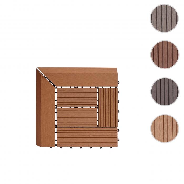 (222,11€/m²) WPC Eck-Bodenfliese Rhone + Abschluss, Holzoptik Terrasse, 30x30cm Premium ~ Ecke, teak versetzt