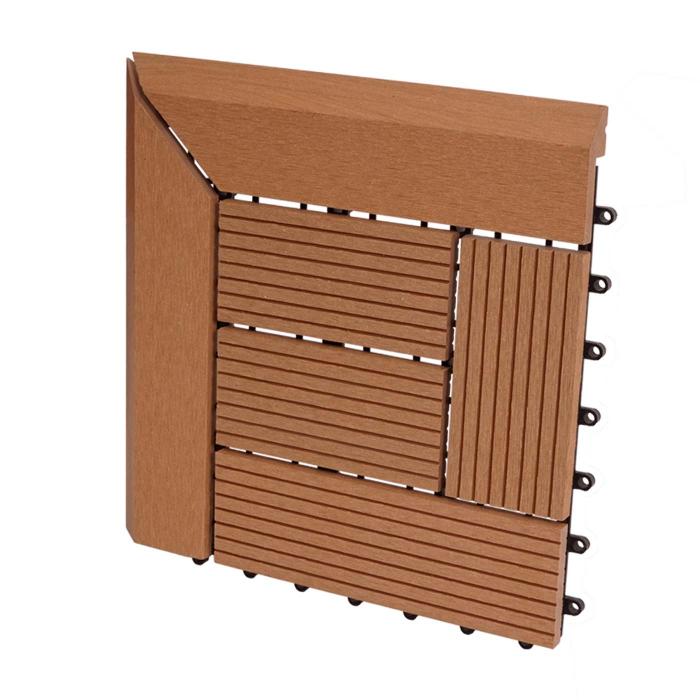(222,11€/m²) WPC Eck-Bodenfliese Rhone + Abschluss, Holzoptik Terrasse, 30x30cm Premium ~ Ecke, teak versetzt