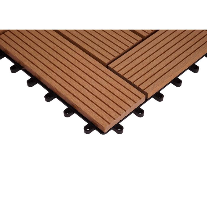 (222,11€/m²) WPC Eck-Bodenfliese Rhone + Abschluss, Holzoptik Terrasse, 30x30cm Premium ~ Ecke, teak versetzt