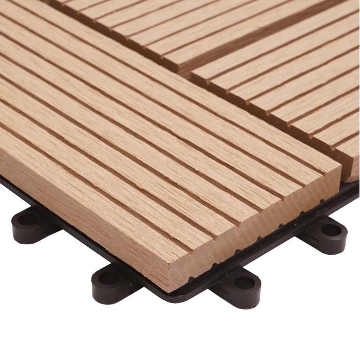 WPC Bodenfliese Rhone + Abschluss, Holzoptik Balkon/Terrasse, 11x je 30x30cm = 1qm Premium ~ teak versetzt