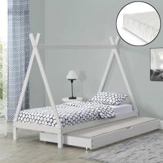 Kinderbett mit Ausziehbett HLO-PX128 90x200 cm Tipi mit Kaltschaummatratze Holz ~ Weiß