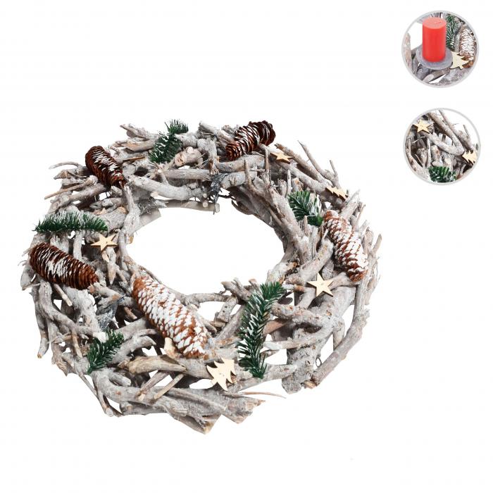 Adventskranz XXL rund, Weihnachtsdeko Tischkranz, Holz  48cm wei-grau ~ ohne Kerzen und Halterungen