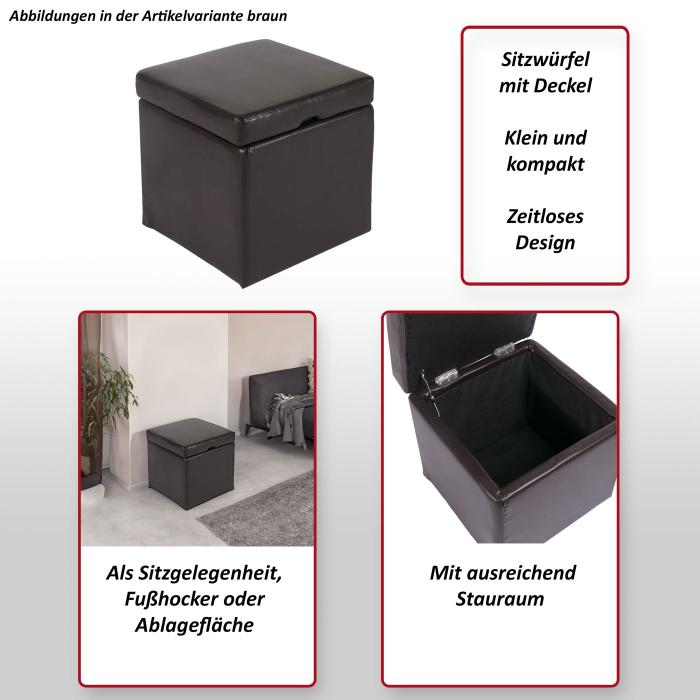 Hocker Sitzwrfel Sitzhocker Aufbewahrungsbox Onex, mit Deckel, Leder + Kunstleder, 45x44x44cm ~ schwarz