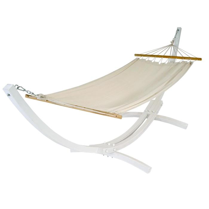 Hngematte mit Gestell HWC-J46, Hngeschaukel, bis 200kg Holzgestell MVG-zertifiziert 320cm ~ wei, Matte creme-wei