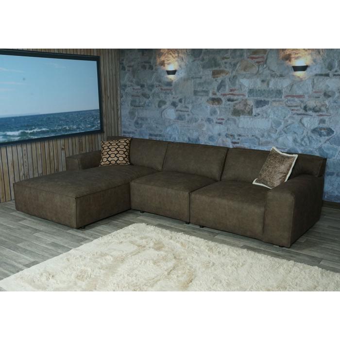 Retourenware | Ecksofa HWC-J59, Couch Sofa mit Ottomane links, Made in EU, wasserabweisend 295cm ~ Kunstleder grau-braun