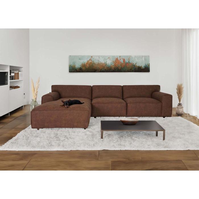 Retourenware | Ecksofa HWC-J59, Couch Sofa mit Ottomane links, Made in EU, wasserabweisend 295cm ~ Kunstleder braun