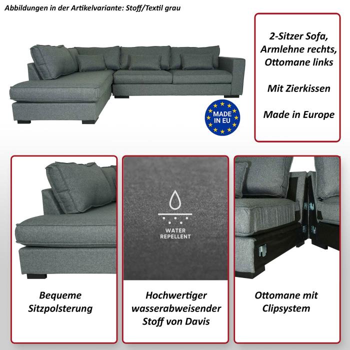 Ecksofa HWC-J58, Couch Sofa mit Ottomane links, Made in EU, wasserabweisend 295cm ~ Kunstleder grau