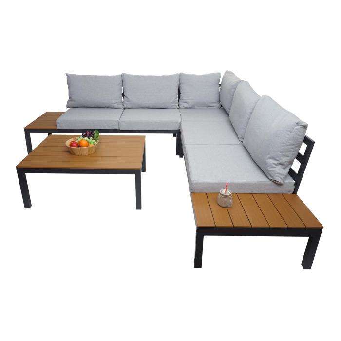 B-Ware (Kratzer SK3) | Garten Garnitur HWC-H54b, Garnitur Sitzgruppe Sofa, Olefin Holzoptik Alu ~ Polster hellgrau