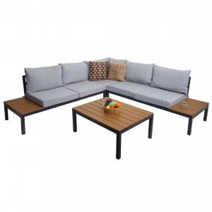 B-Ware (Kratzer SK3) | Garten Garnitur HWC-H54b, Garnitur Sitzgruppe Sofa, Olefin Holzoptik Alu ~ Polster hellgrau