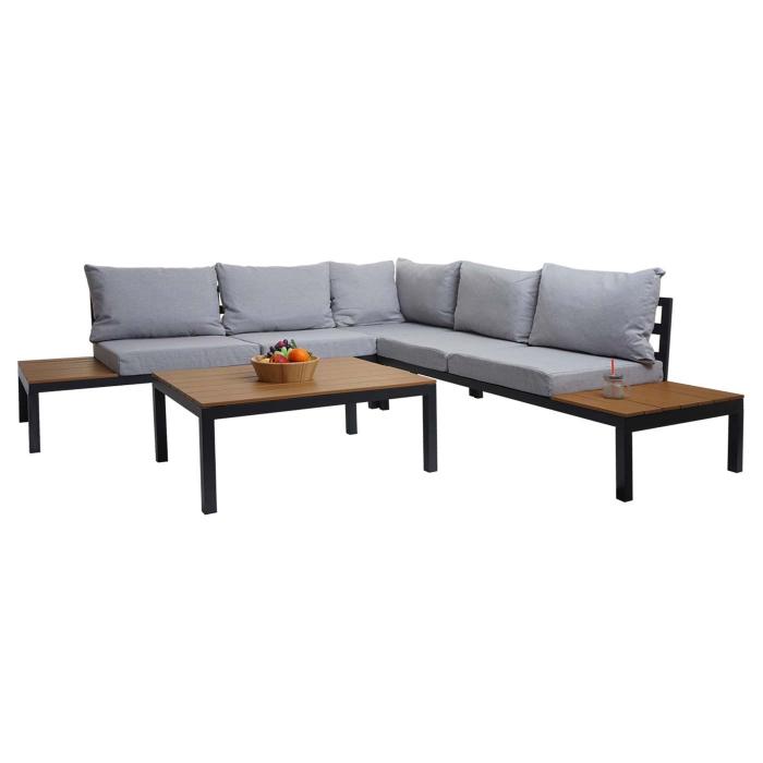 B-Ware (Kratzer SK3) | Garten Garnitur HWC-H54b, Garnitur Sitzgruppe Sofa, Olefin Holzoptik Alu ~ Polster hellgrau