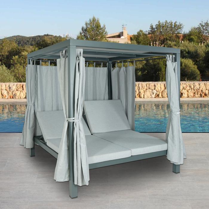 Lounge-Gartenliege HWC-J66, XL Sonnenliege Bali-Liege Doppelliege Outdoor-Bett, 10cm-Polster aus Olefin Alu ~ grau
