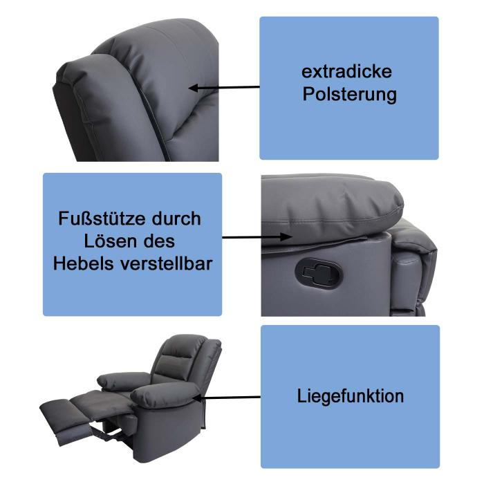 B-Ware (Flecken SK1) | Fernsehsessel HWC-G15, Relaxsessel Liege Sessel, Leder + Kunstleder 101x87x100cm ~ grau