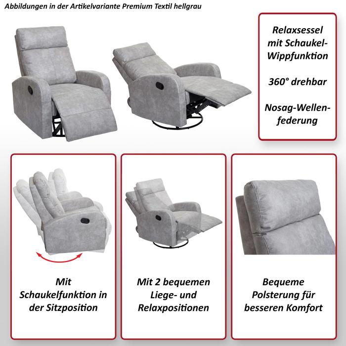 Fernsehsessel HWC-A54 Premium, Relaxsessel Schaukelstuhl Wippfunktion, drehbar ~ Stoff/Textil hellgrau