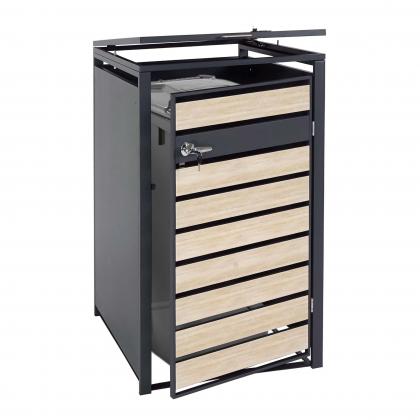 1er Mlltonnenverkleidung HWC-J81, Mlltonnenbox, erweiterbar, Metall 32kg, anthrazit ~ Buche-Holzoptik hellbraun