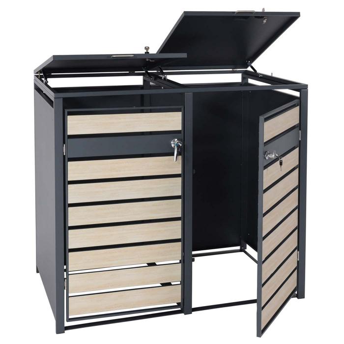 2er Mlltonnenverkleidung HWC-J81, Mlltonnenbox, erweiterbar, Metall 50kg, anthrazit ~ Buche-Holzoptik hellbraun