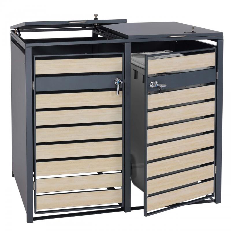 2er Mlltonnenverkleidung HWC-J81, Mlltonnenbox, erweiterbar, Metall 50kg, anthrazit ~ Buche-Holzoptik hellbraun
