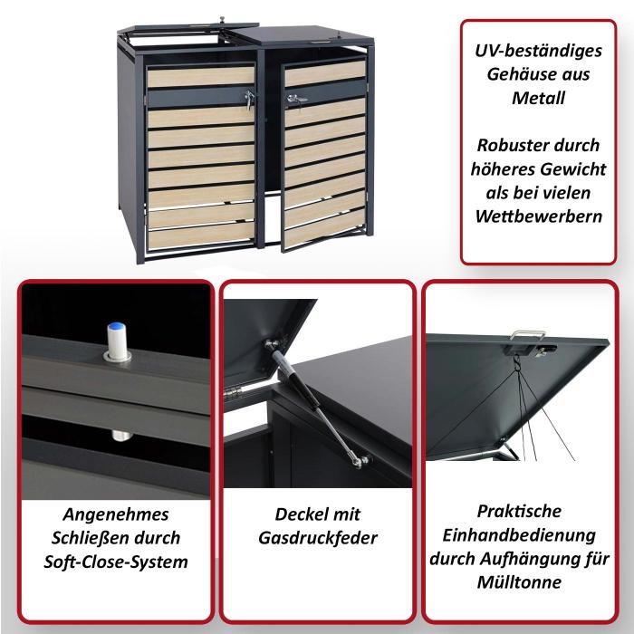 XL 2er/4er-Mlltonnenverkleidung HWC-J81, Mlltonnenbox, Metall 59kg anthrazit ~ Buche-Holzoptik hellbraun