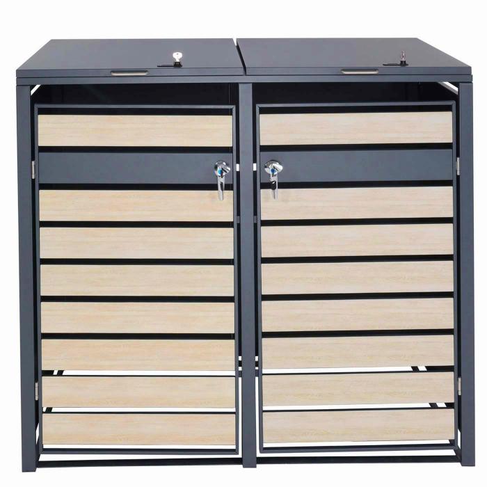 2er Mlltonnenverkleidung HWC-J81, Mlltonnenbox, erweiterbar, Metall 50kg, anthrazit ~ Buche-Holzoptik hellbraun