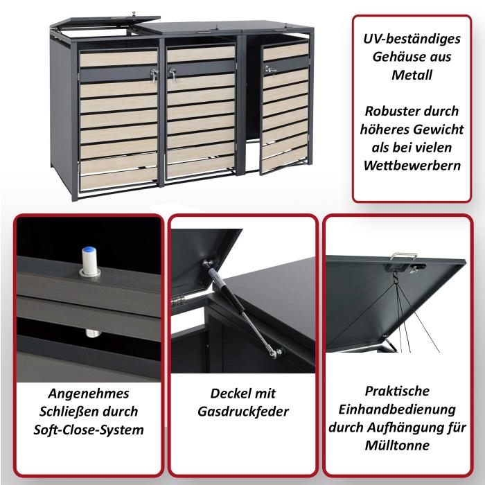 Defekte Ware (Kratzer Beulen SK4)| 3er Mlltonnenverkleidung HWC-J81, Metall 82kg, anthrazit ~ Buche-Holzoptik hellbraun