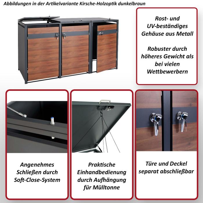 XL 3er/6er-Mlltonnenverkleidung HWC-J82, Mlltonnenbox, Metall 97kg, anthrazit ~ Kirsche-Holzoptik dunkelbraun