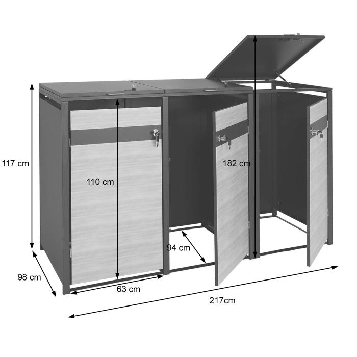 XL 3er/6er-Mlltonnenverkleidung HWC-J82, Mlltonnenbox, Metall 97kg, anthrazit ~ Kirsche-Holzoptik dunkelbraun