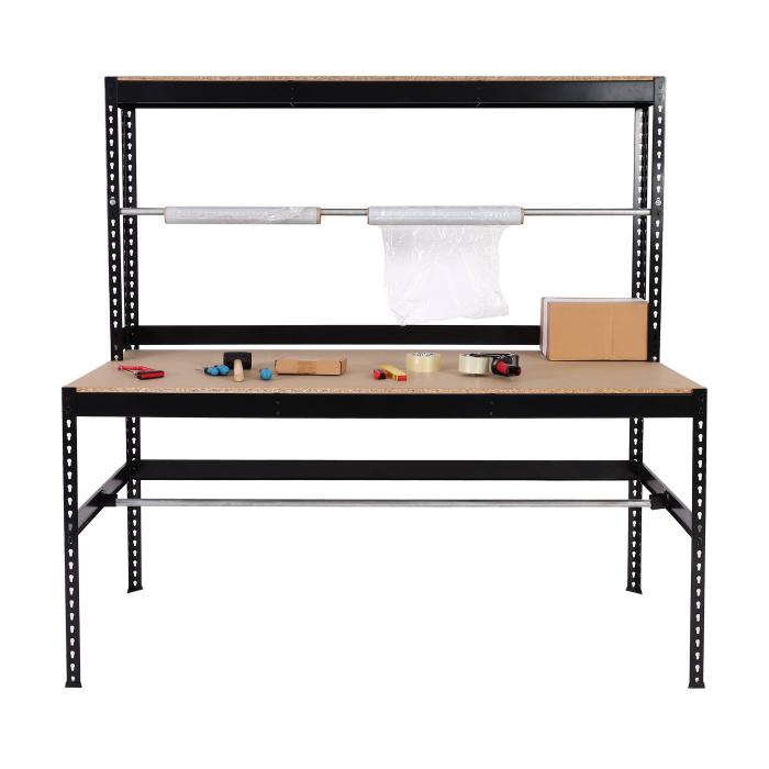 Packstation HWC-J84, Packtisch Arbeitstisch Werktisch, Rollenhalter hhenverstellbar, Holz Stahl 183x183x90cm, schwarz