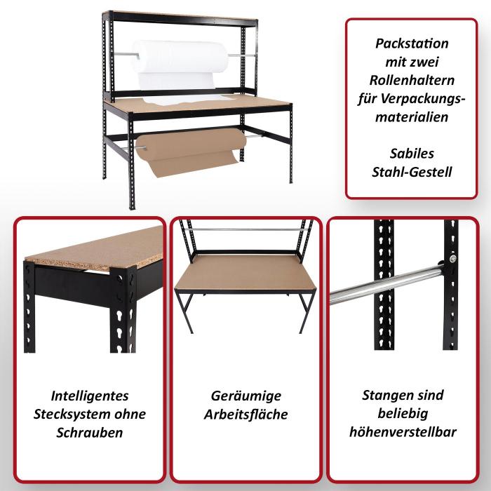 Packstation HWC-J84, Packtisch Arbeitstisch Werktisch, Rollenhalter hhenverstellbar, Holz Stahl 183x183x90cm, schwarz