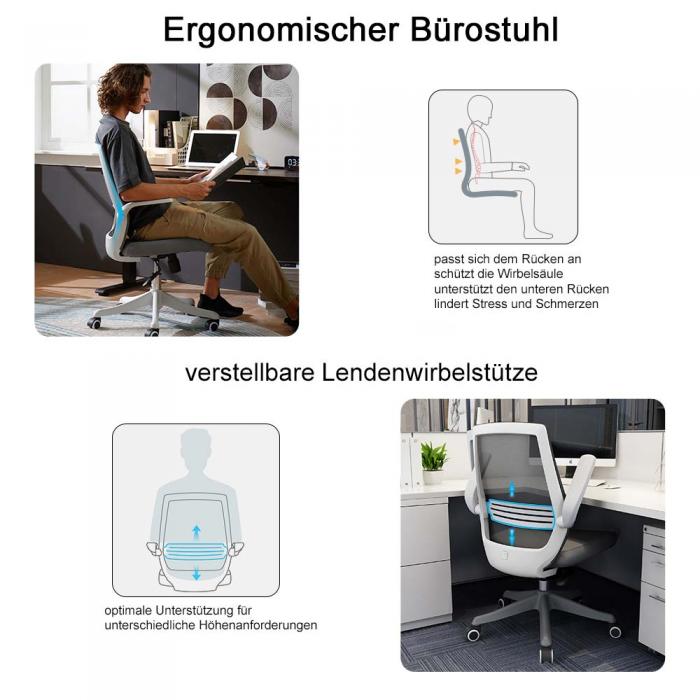 SIHOO Moderner ergonomischer Brostuhl, Schreibtischstuhl, atmungsaktiv, Taillensttze, anhebbare Armlehne ~ grau